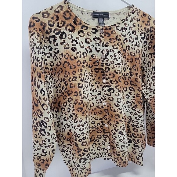 Spenser Jeremy Cheetah Print Silk Blend Crew Neck Button Down Cardigan Size XL - Picture 7 of 11